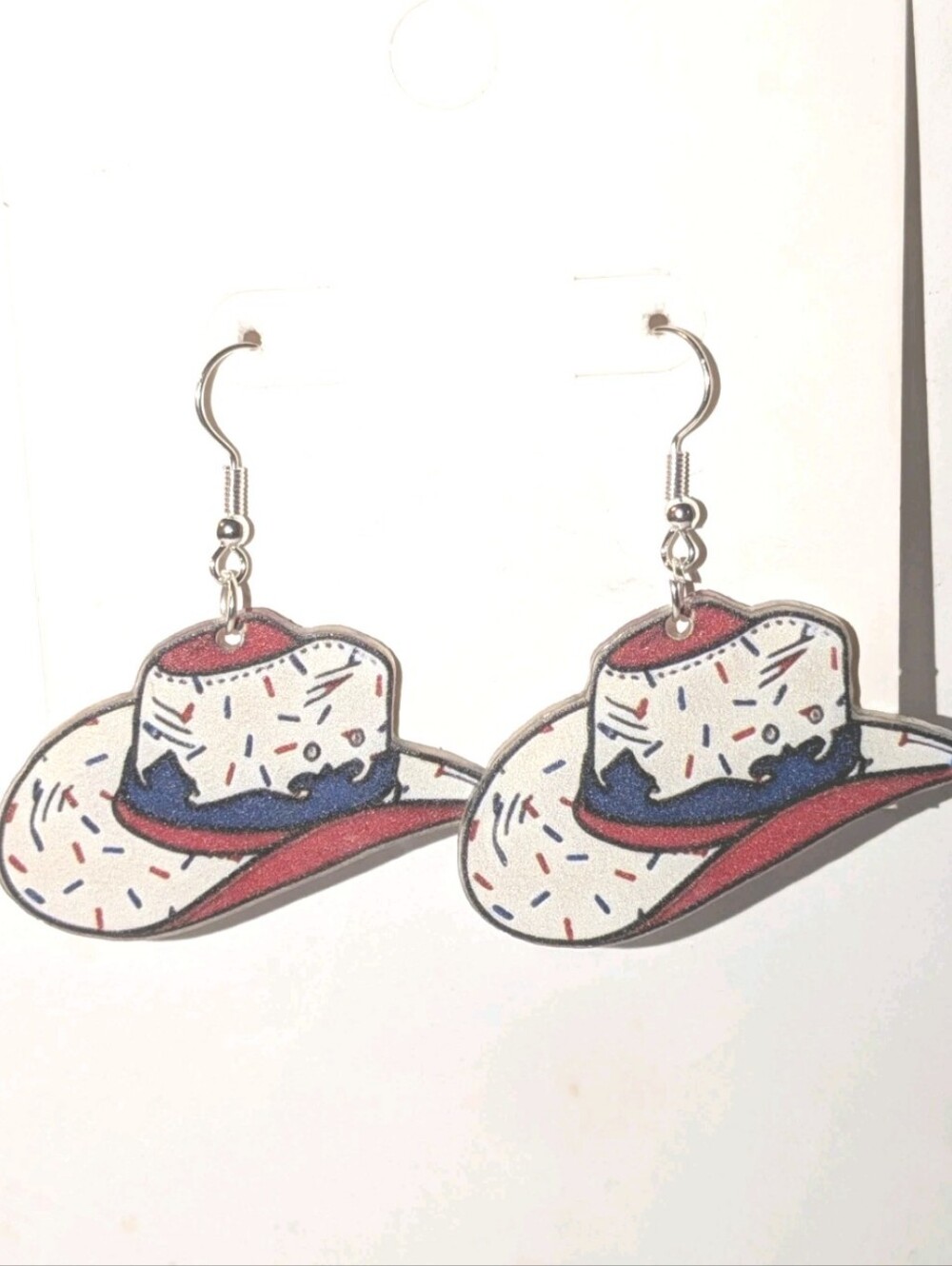 Hand Crafted Red White Blue Cowboy Hat Drop Earrings